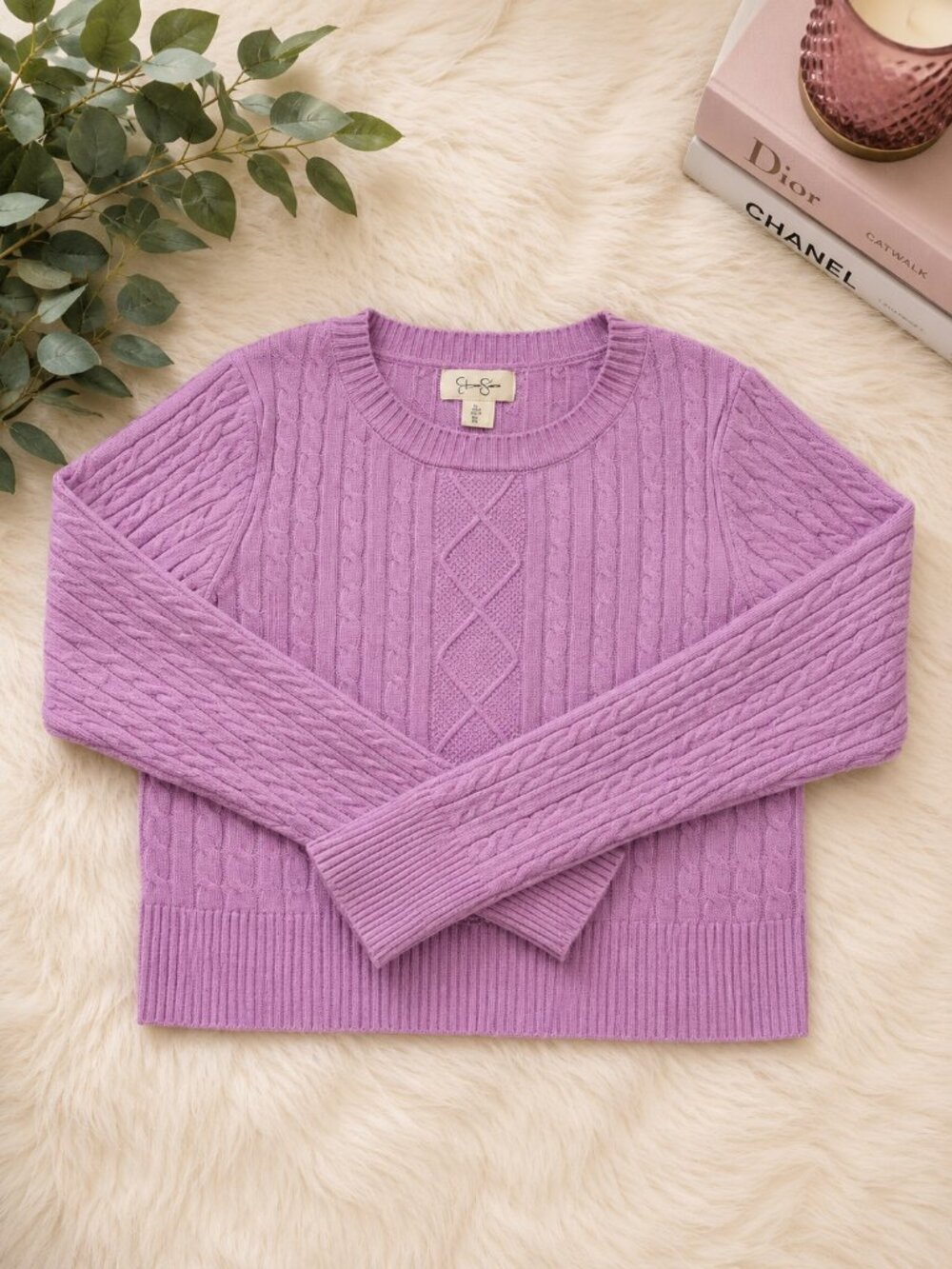 Jessica Simpson Lavender Cable Knit Sweater Size L | Cropped Crewneck